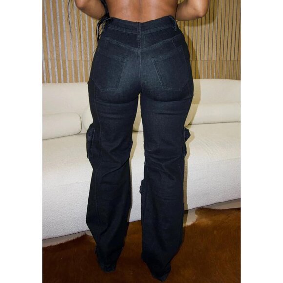 Trendy Womens Rhinestone Cargo Jeans - High Rise Straight Leg and Ripped Style - Picture 5 of 5